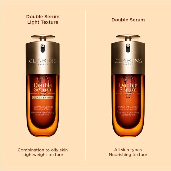 Clarins Double Serum Light Texture 50 ml anti age koncentrat hudvård som jämför lätt och närande textur.