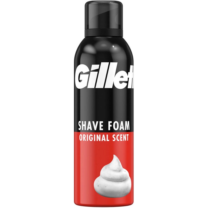 Gillette Shave Foam Original Scent 200 ml gillette rakskum i svart och röd sprayflaska med en klick vitt skum