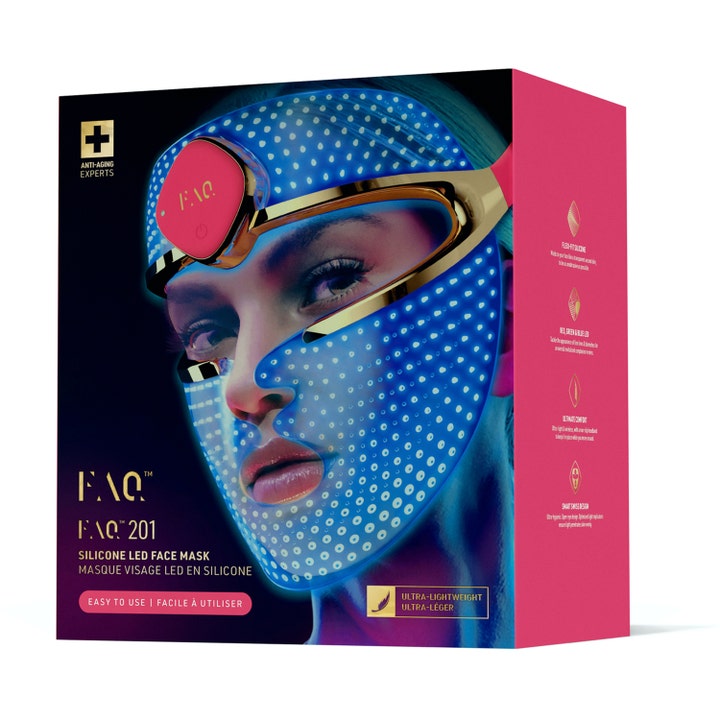 FAQ Swiss 201 Silicone LED Face Mask 1 st hudvård som ger lyster i svart box som visar en blålysande led ansiktsmask