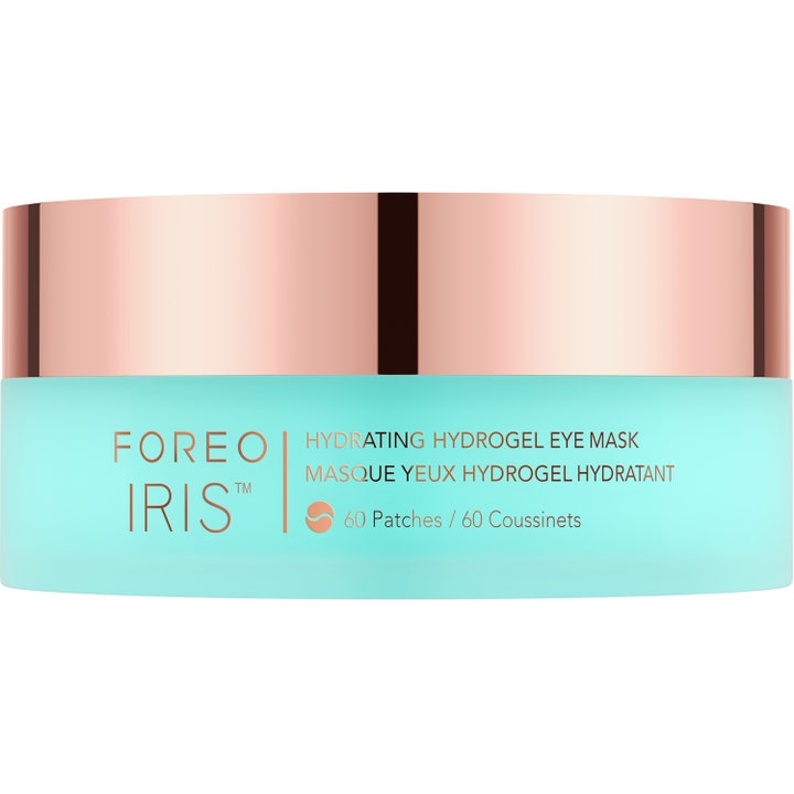 FOREO Iris Hydrating Hydrogel Eye Mask 60 st återfuktande hydrogel patches i en turkos burk med guldigt lock.