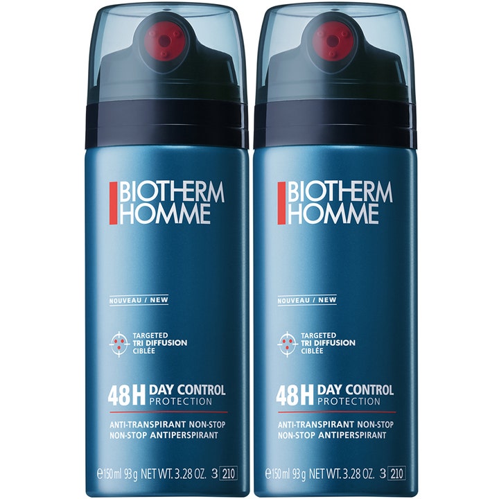 Biotherm Homme Day Control 48H 2x150 ml deo antitranspirant spray i blå metallflaskor med svarta lock