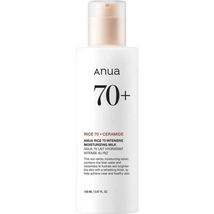 Anua Rice 70 Intensive Moisturizing Milk 150 ml återfuktande ansiktslotion med ceramider i vit flaska med frostad kork