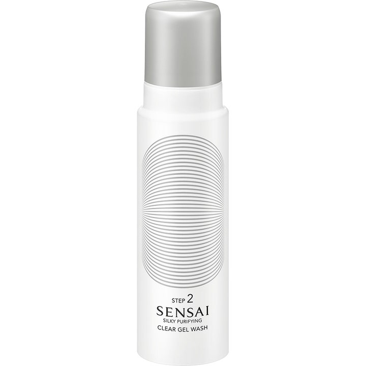 Sensai Silky Purifying Clear Gel Wash clear gel ansiktstvätt rengör huden i en vit flaska med silverfärgat lock