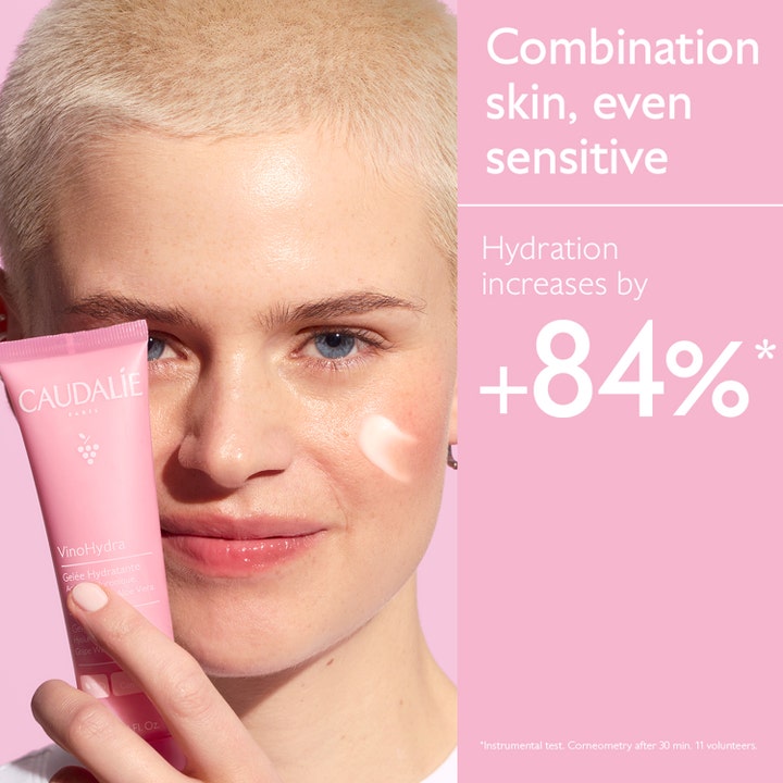 Caudalie Vinohydra Gel Moisturizer 60 ml gel ansiktskräm i rosa tub visas med texten plus 84 procent ökad fukt.