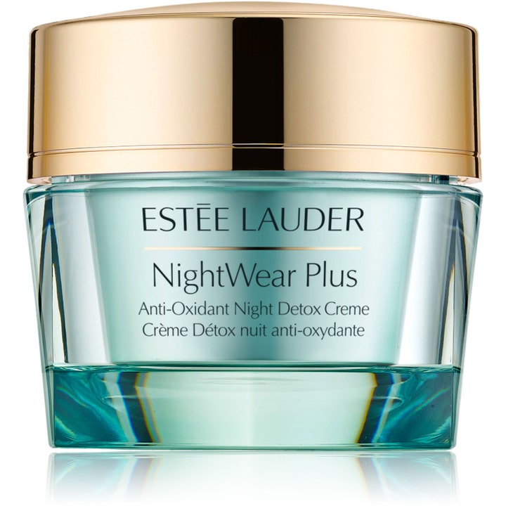Estée Lauder NightWear Plus 50ml antioxidant creme natt som detoxar huden i en turkos glasburk med guldlock.