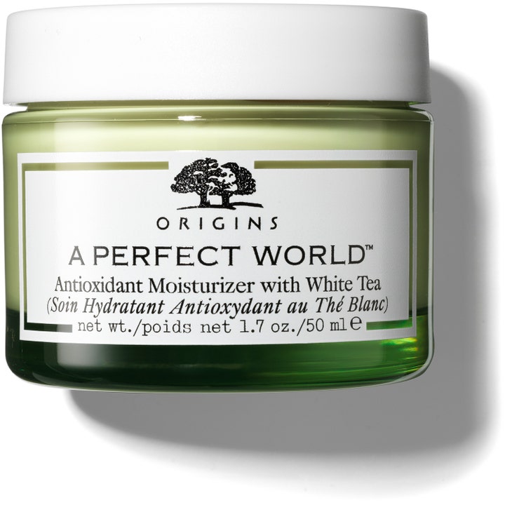 Origins A Perfect World 50 ml antioxidant återfuktande ansiktskräm med vitt te i grön glasburk och vitt lock