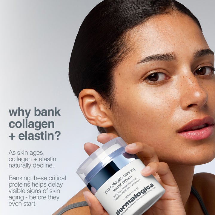 Dermalogica Pro-Collagen Banking Water Cream 50 ml återfuktande dagkräm hålls av kvinna vid text om kollagen