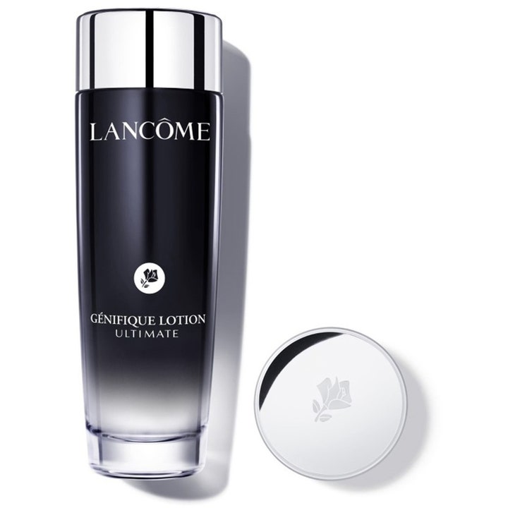 Lancôme Génifique Lotion Ultimate återfuktande ansiktslotion i en svarttonad flaska med roslogotyp och silverlock