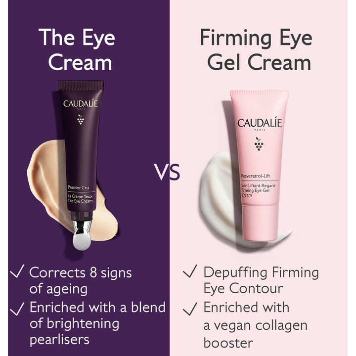Caudalie Premier Cru The Eye Cream 15 ml anti-age ögonkräm i lila tub med metallapplikator jämfört med gelkräm.