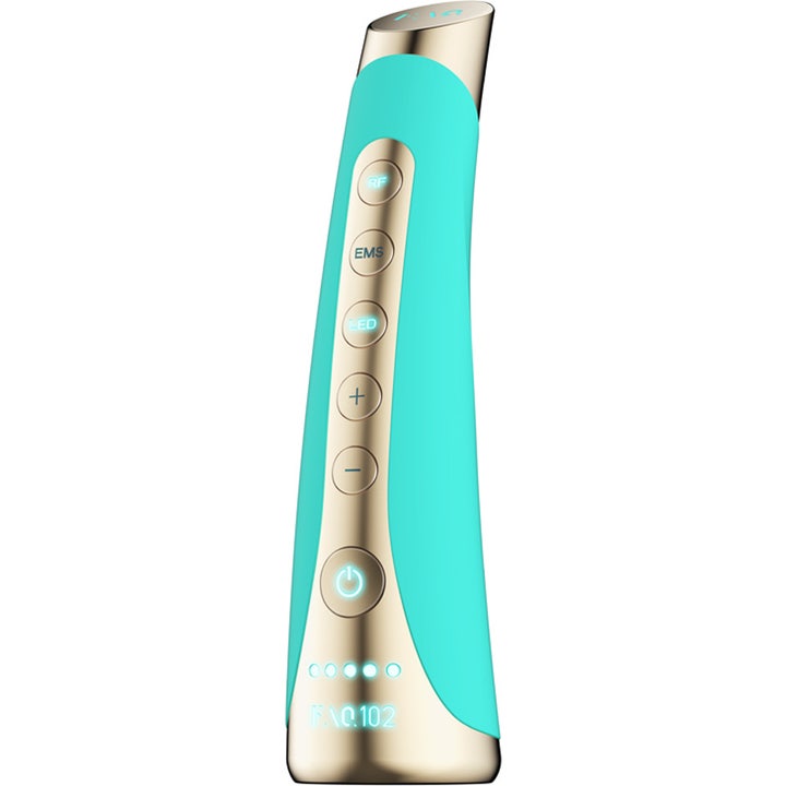 FAQ Swiss FAQ 102 LED-Pulse Facial Device Topaz 1 st för EMS hudföryngring i turkos design med guldfärgad panel.