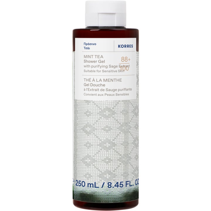 Korres Mint Tea Shower Gel 250 ml rengörande duschgel i mörk flaska med vitt lock och spetsmönstrad etikett