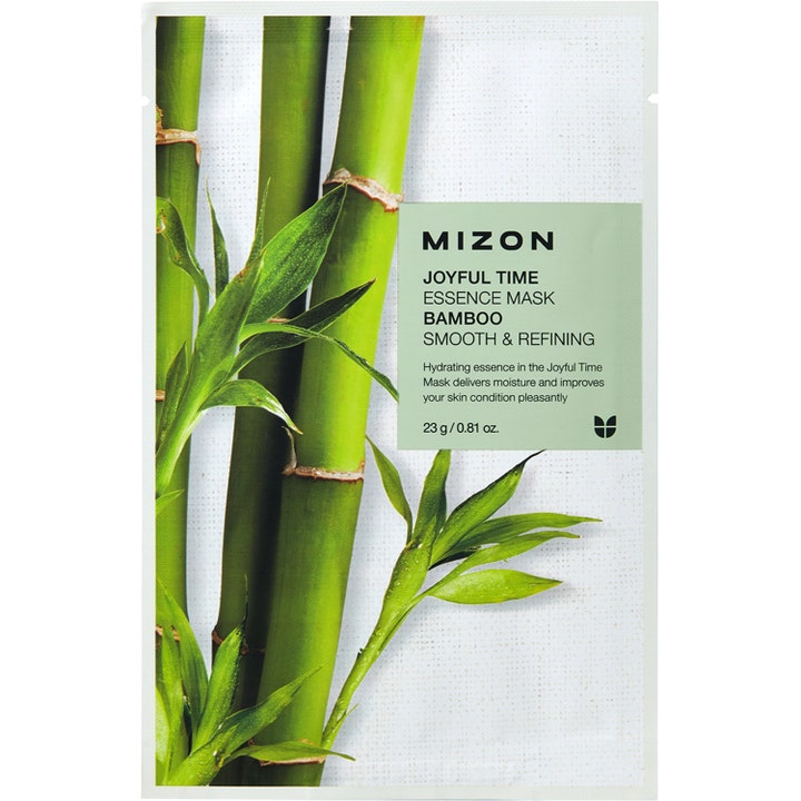 Mizon Joyful Time Essence Mask Bamboo 23 g bambu ansiktsmask för slät hud i vit sachet prydd med gröna bambustjälkar.