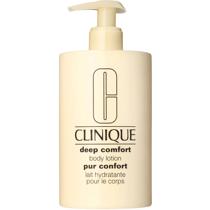Clinique Deep Comfort Body Lotion bodylotion mycket torr hud i en beige plastflaska med beige pump.