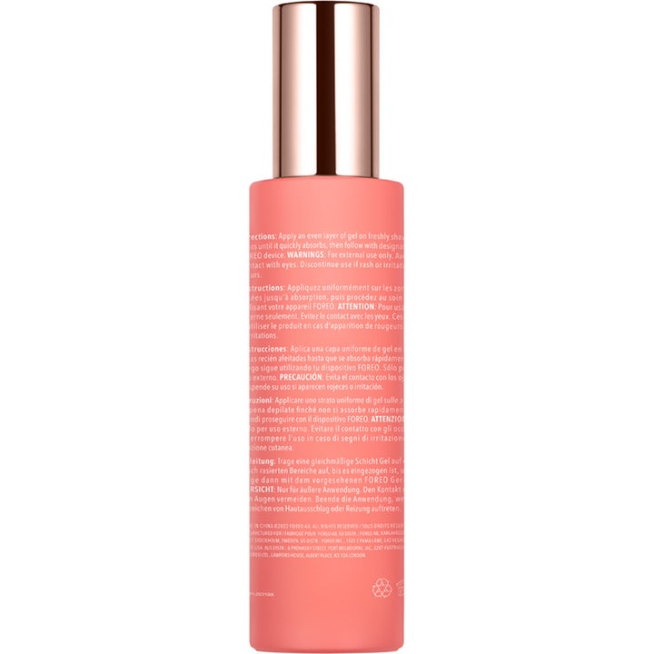 FOREO PEACH Cooling Prep Gel 100 ml baksida av persikofärgad tub med svalkande lugnande gel