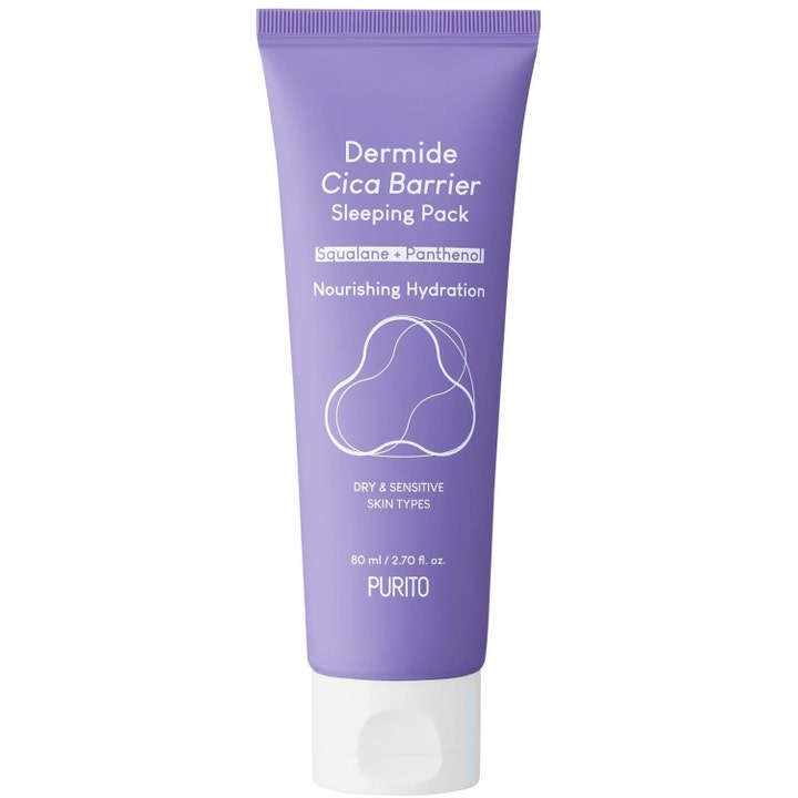 Purito Dermide Cica Barrier Sleeping Pack 80 ml sovmask för djup återfuktning i en lila plasttub med vitt lock