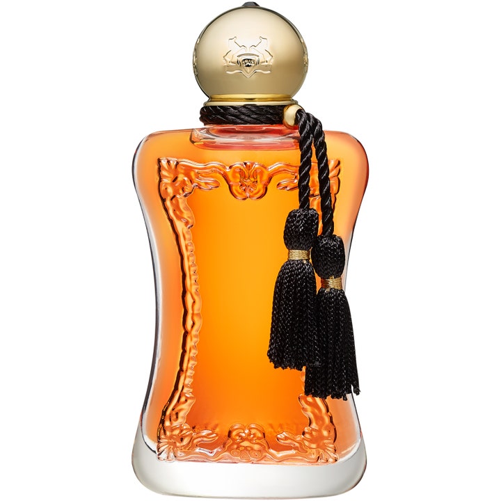 Parfums de Marly Safanad 75 ml eau de parfum i glasflaska med orange vätska guldlock och svarta tofsar