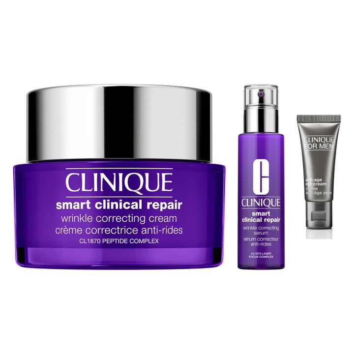 Clinique Smart Clinical Repair set med rynkkorrigerande kräm i lila burk, serum och ögonkräm för män i grå tub