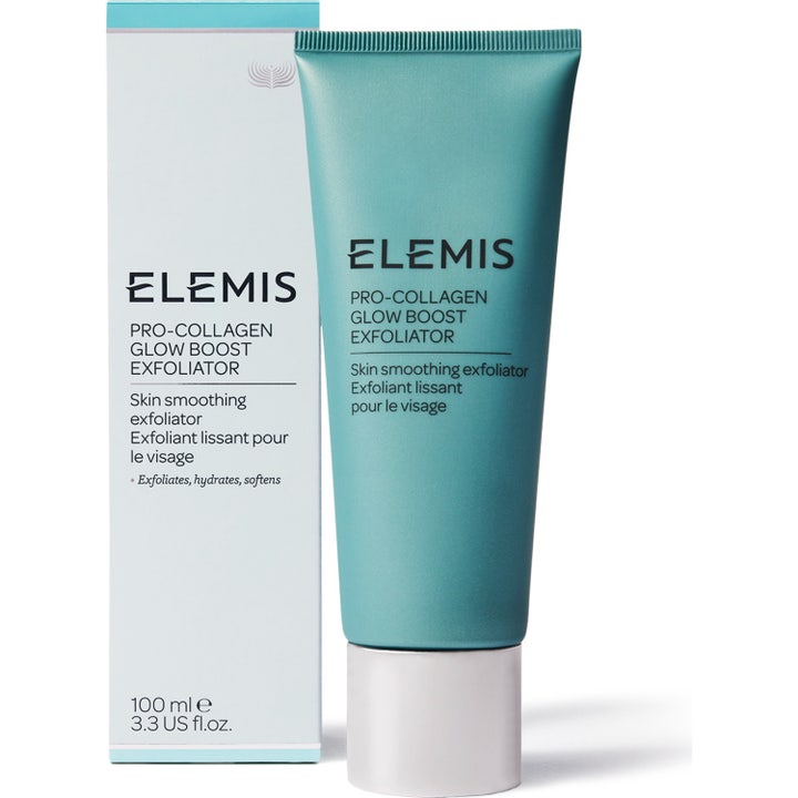 Elemis Pro-Collagen Glow Boost Exfoliator 100 ml ansiktsskrubb collagen i turkos tub och vit ytterförpackning