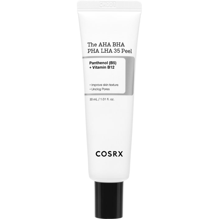 COSRX The AHA BHA PHA LHA 35 Peel 30 ml kemisk peeling för hemmabruk i vit tub med svart skruvlock som ger slät hud.