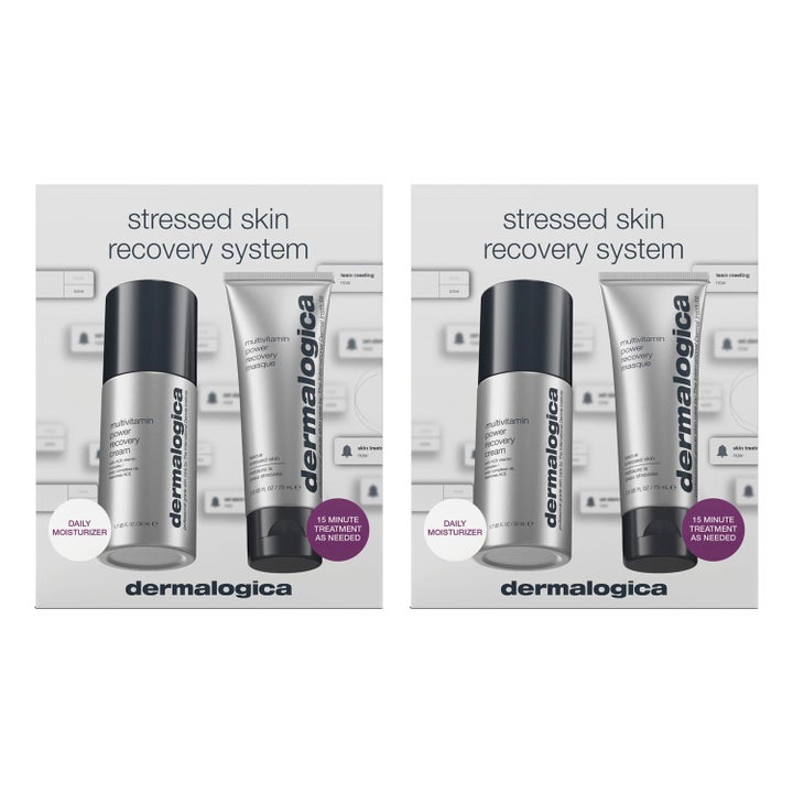 Dermalogica Stressed Skin Recovery System lugnande hudvårdsset med ansiktsmask och kräm i silverfärgade tuber med svarta lock.