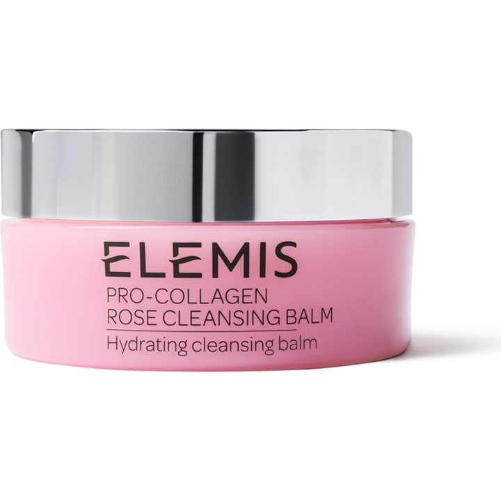 Elemis Pro-Collagen Rose Cleansing Balm 105 g djuprengörande rengöringsbalsam i en rosa burk med silvrigt lock.
