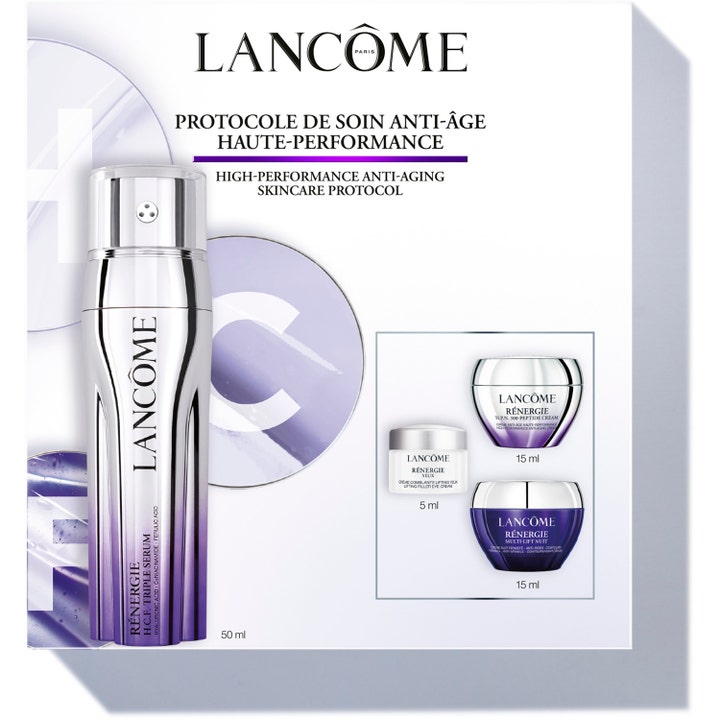 Lancôme Rénergie H.C.F. Triple Serum 50ml set med anti-aging hudvård i eleganta lila och silverfärgade burkar