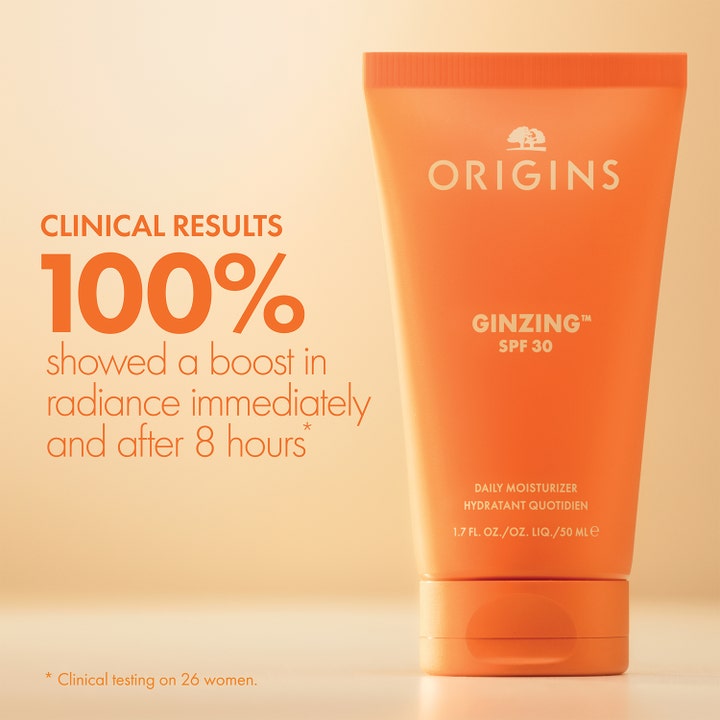 Origins Ginzing SPF30 Daily Moisturizer 50 ml orange tub visar 100% ökad lyster i kliniska resultat.