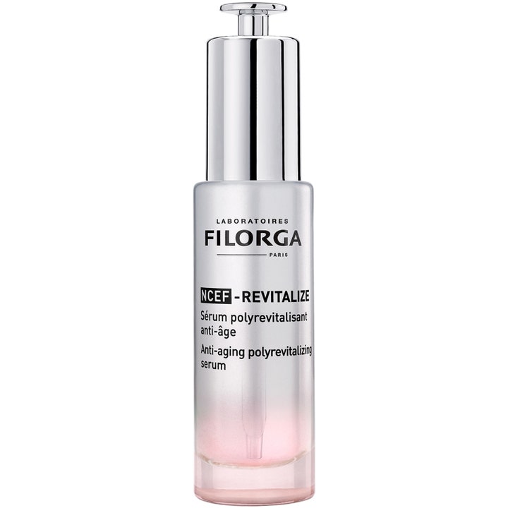 Filorga NCEF-REVITALIZE Serum antiaging serum för alla hudtyper i en silverfärgad pumpflaska med en rosa ton