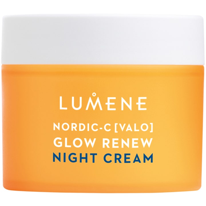 Lumene Nordic-C Glow Renew intensivt återfuktande nattkräm som ger lyster i en orange frostad burk med vitt lock.