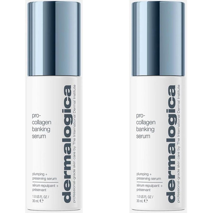 Dermalogica Pro-Collagen Banking Serum 30 ml plumpar huden i två vita flaskor med metalliska blå lock.