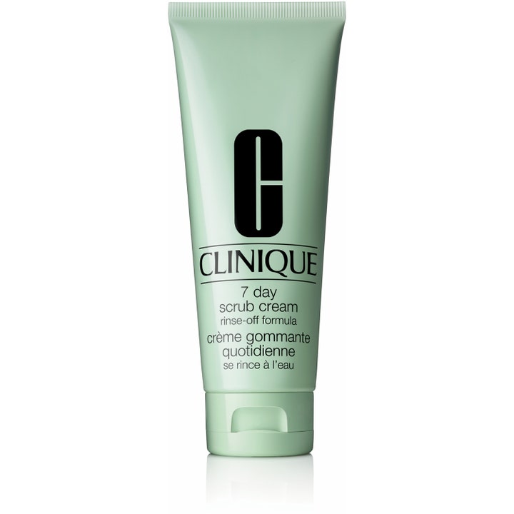 Clinique 7 Day Scrub Cream ansiktsskrubb för pormaskar i en mintgrön plasttub med svart logotyp och lock.