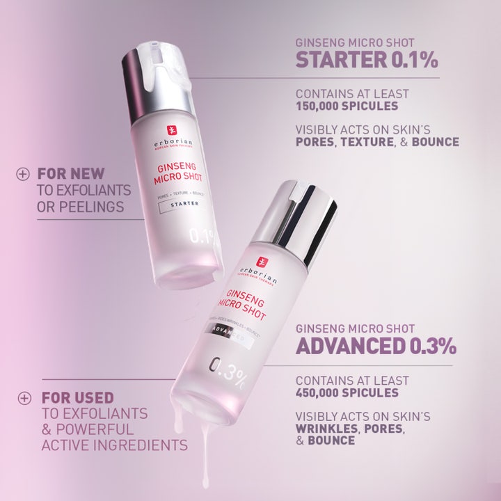 Erborian Ginseng Micro Shot 0.1 Starter 30 ml serum för porer och textur i vit pumpflaska bredvid Advanced 0.3.