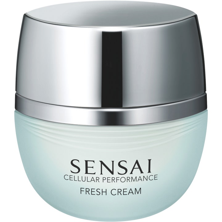 Sensai Cellular Performance Fresh Cream anti-ageing ansiktskräm i frostad ljusblå glasburk med silverlock.