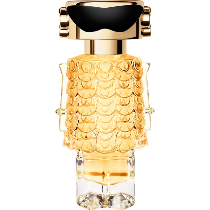 Rabanne Fame Intense Eau de Parfum 30 ml elegant eau de parfum i robotformad guldflaska med mönstrat glas och svart visir