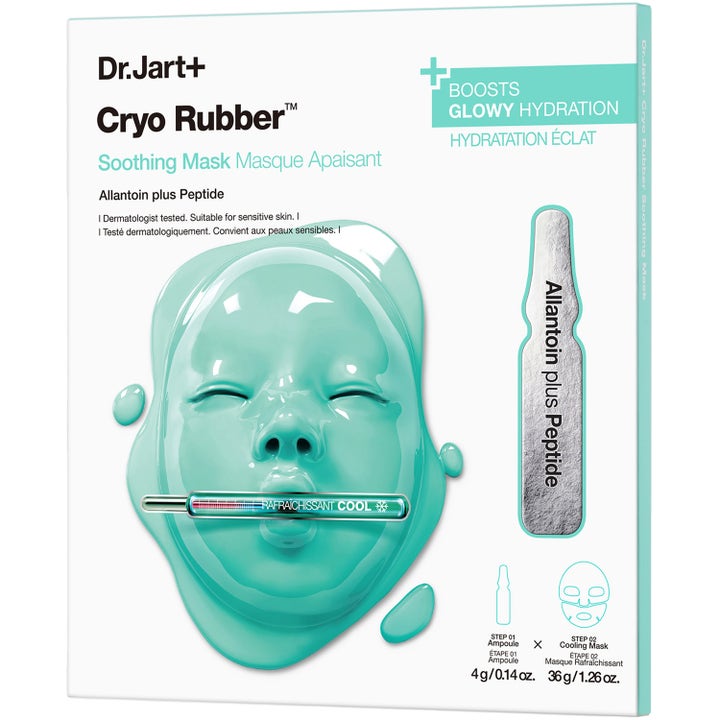 Dr.Jart+ Cryo Rubber Soothing Mask 4g 36g lugnande ansiktsmask med allantoin i vit box med mintgrönt gummiansikte.