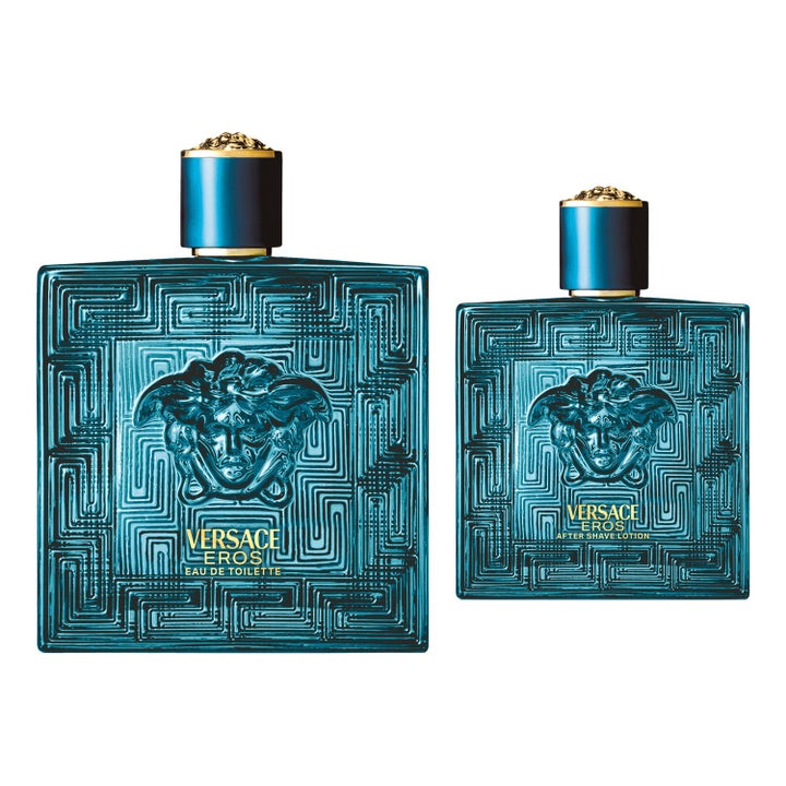 Versace Eros EdT 200ml och after shave set i turkosa glasflaskor med grekiskt mönster och guldlock
