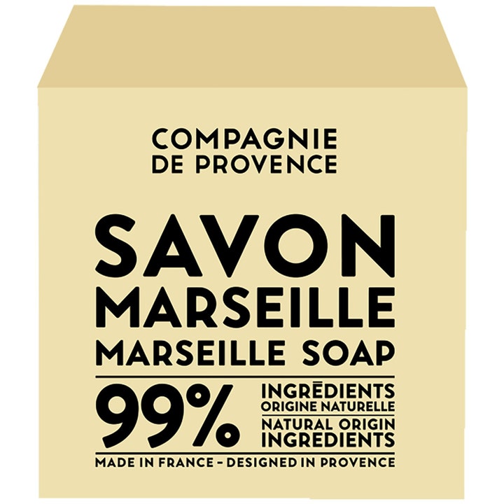 Compagnie de Provence Savon Marseille äkta tvål i beige pappersförpackning med stilren svart text