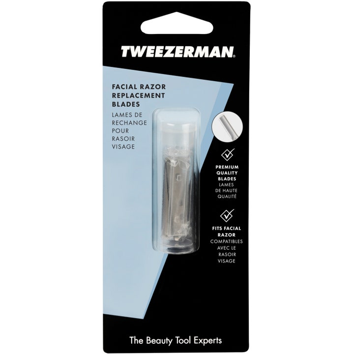 Tweezerman Facial Razor Replacement Blades för hårborttagning ansikte hemma i genomskinlig tub på butiksförpackning