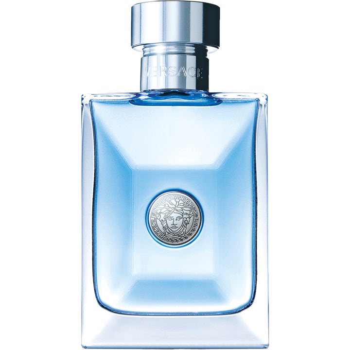 Versace Pour Homme After Shave Lotion är en elegant herrparfym i rektangulär glasflaska med ljusblå vätska och silverlock.