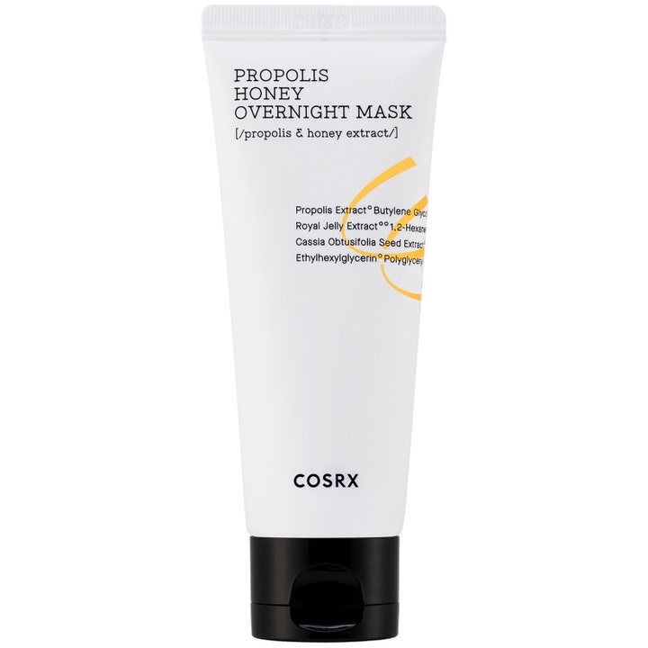 COSRX Propolis Honey Overnight Mask 60ml är en återfuktande nattmask i vit tub med svart lock som ger huden lyster.