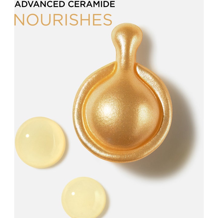 Elizabeth Arden Advanced Ceramide Capsules 60 st anti age behandling visar en gyllene kapsel och klara serumdroppar.