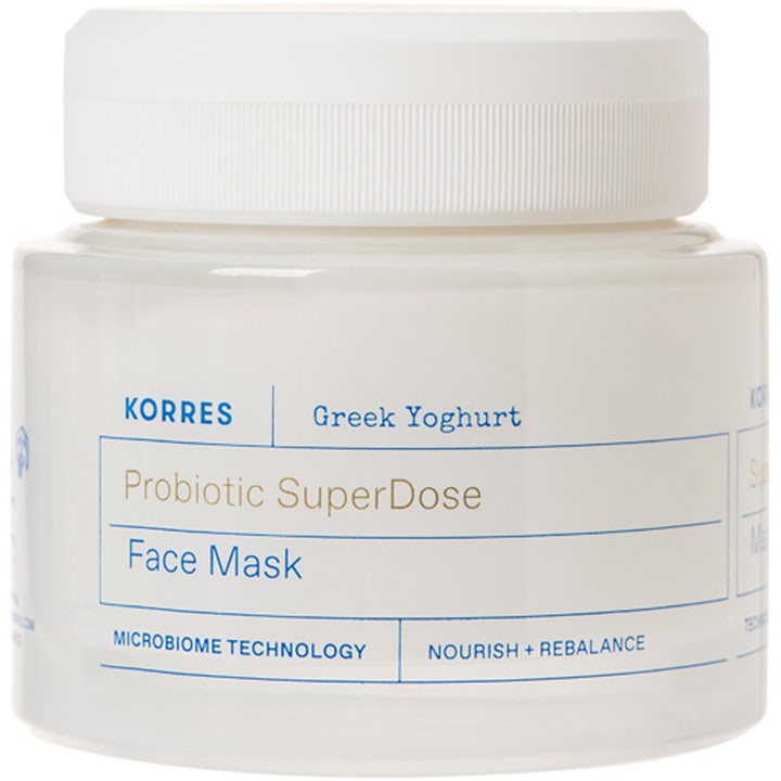 Korres Greek Yoghurt Probiotic SuperDose Face Mask lugnande probiotika hudvård i vit burk med vitt lock.
