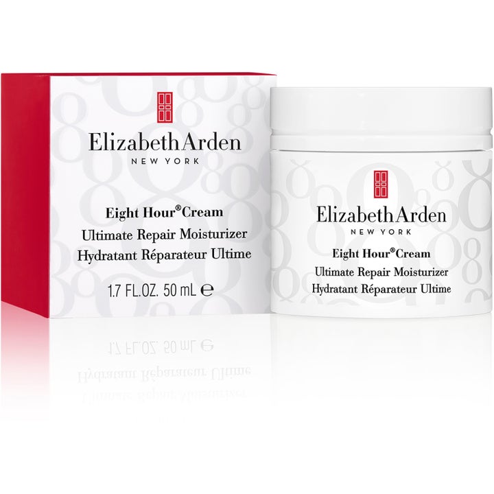 Elizabeth Arden Eight Hour Cream Ultimate Repair Moisturizer 50 ml reparerande ansiktskräm i vit burk och rödvit box.