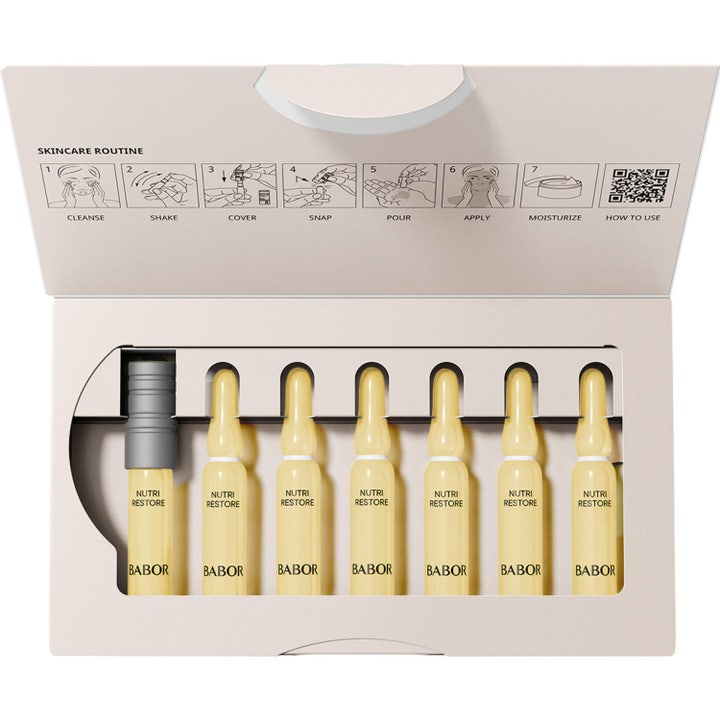Babor Nutri Restore Ampoule 14 ml närande nutriampull i sju gula glasampuller i en öppen vit box med instruktioner