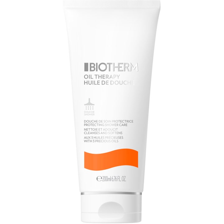 Biotherm Oil Therapy 200 ml mjukgörande duscholja för känslig torr hud i en vit tub med orange detalj.