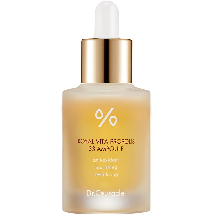 Dr. Ceuracle Royal Vita Propolis 33 Ampoule 15 ml koncentrerad propolis serum i frostad glasflaska med guldkork.