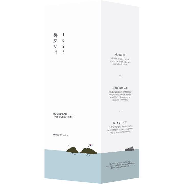 Round Lab 1025 Dokdo Toner 500 ml mineral toner i vit ytterkartong med illustration av hav och öar