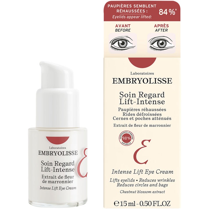 Embryolisse Intense Lift Eye Cream 15 ml anti-age ögonkräm mot rynkor i pumpflaska och ask med före-efter-resultat.