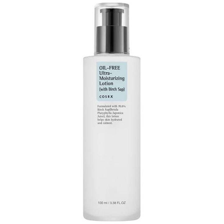 COSRX Oil-Free Ultra-Moisturizing Lotion 100 ml fuktgivande lotion med björksaft i frostad vit flaska med svart pump