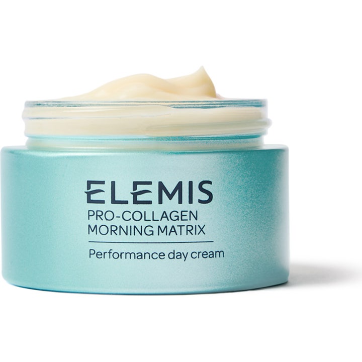 Elemis Pro-Collagen Morning Matrix dagkräm anti age collagen i en ljusblå burk med synlig krämig vit textur.